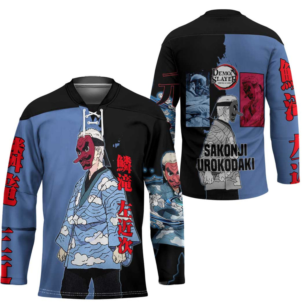 Sakonji Urokodaki from Demon Slayer Hockey Jersey with Blue and Black Split Background and Cloud Kimono Water Style Manga Design - The Mazicc