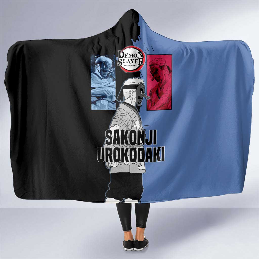 Sakonji Urokodaki from Demon Slayer Hooded Blanket with Blue and Black Split Background and Cloud Kimono Water Style Manga Design - The Mazicc