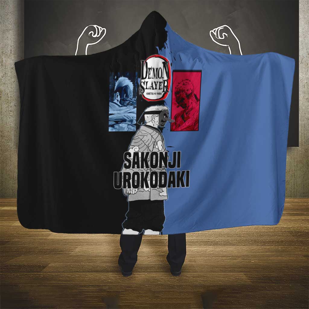 Sakonji Urokodaki from Demon Slayer Hooded Blanket with Blue and Black Split Background and Cloud Kimono Water Style Manga Design - The Mazicc