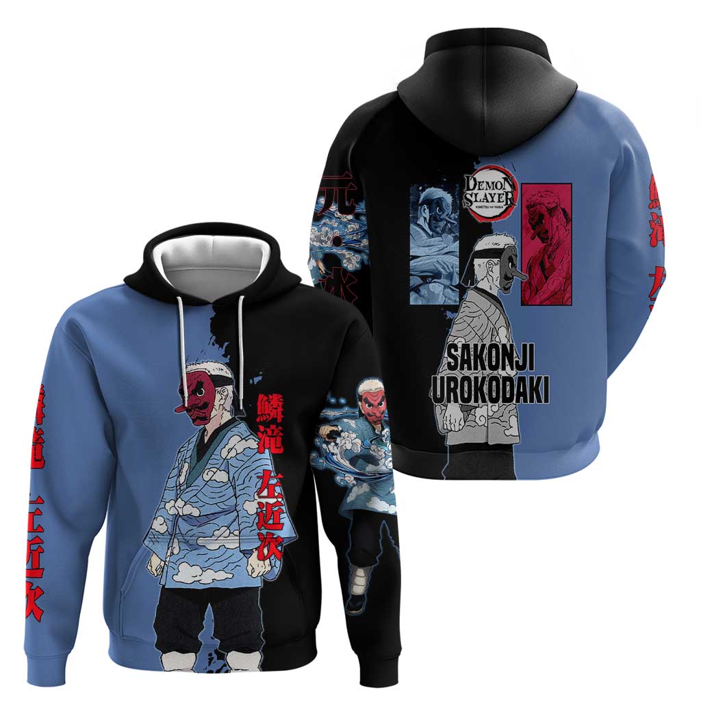Sakonji Urokodaki from Demon Slayer Hoodie with Blue and Black Split Background and Cloud Kimono Water Style Manga Design - The Mazicc