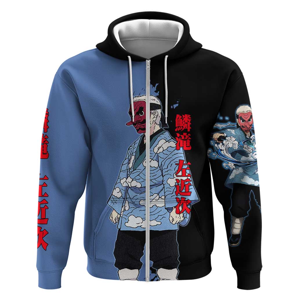 Sakonji Urokodaki from Demon Slayer Hoodie with Blue and Black Split Background and Cloud Kimono Water Style Manga Design - The Mazicc