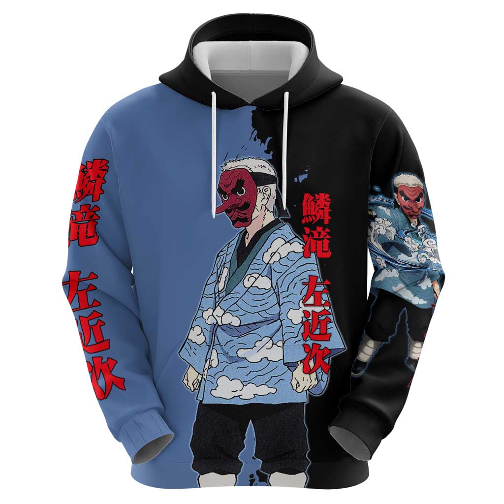 Sakonji Urokodaki from Demon Slayer Hoodie with Blue and Black Split Background and Cloud Kimono Water Style Manga Design - The Mazicc