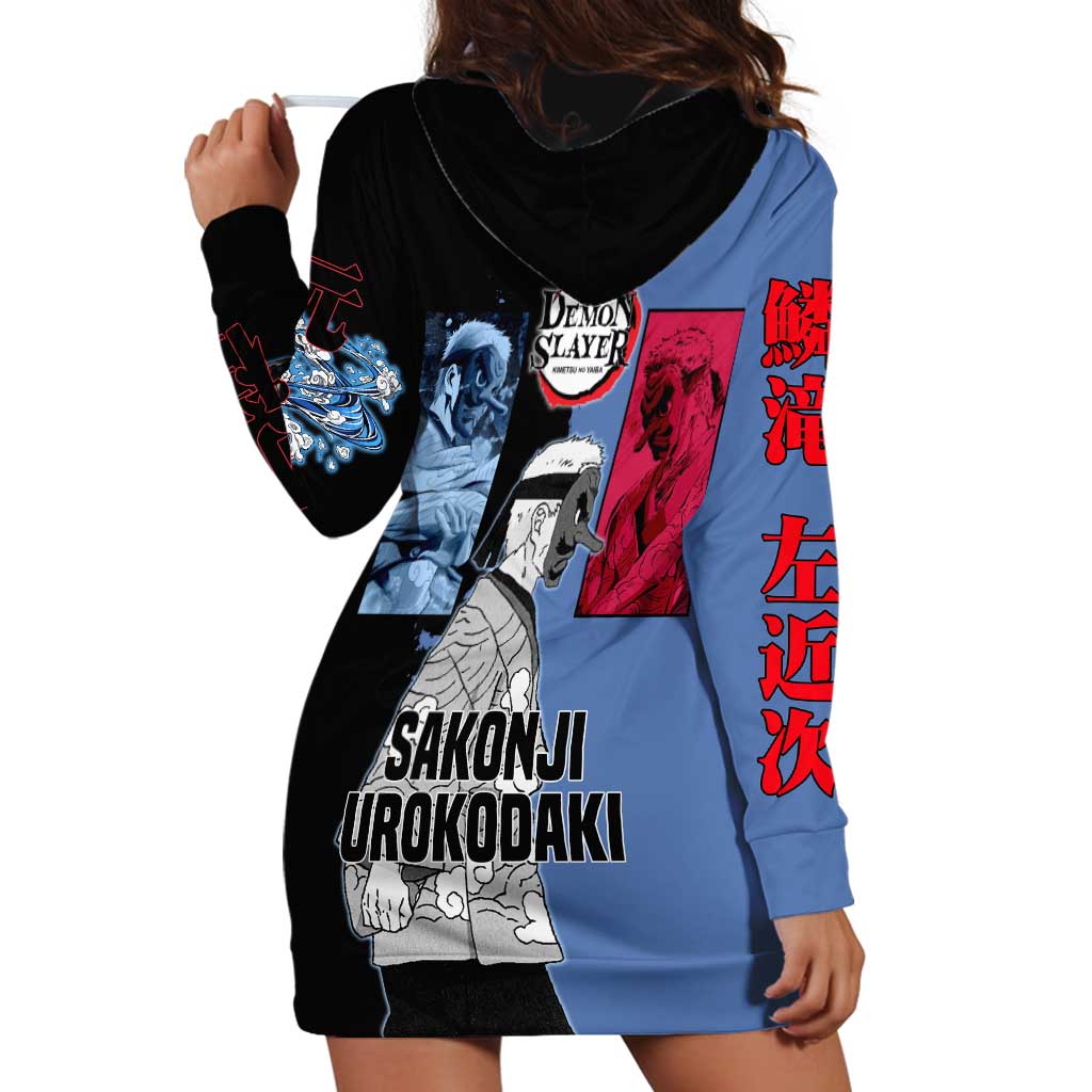 Sakonji Urokodaki from Demon Slayer Hoodie Dress with Blue and Black Split Background and Cloud Kimono Water Style Manga Design - The Mazicc