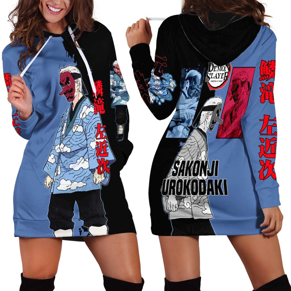Sakonji Urokodaki from Demon Slayer Hoodie Dress with Blue and Black Split Background and Cloud Kimono Water Style Manga Design - The Mazicc