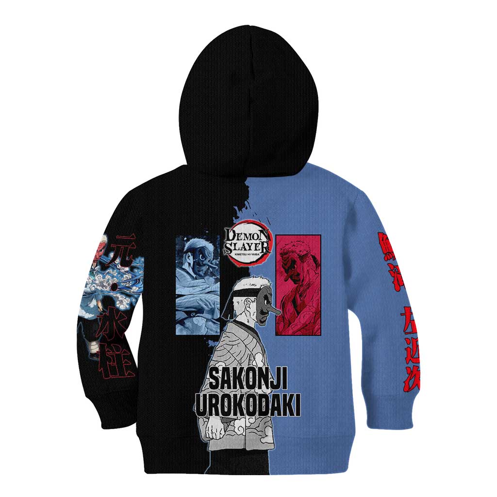 Sakonji Urokodaki from Demon Slayer Kid Hoodie with Blue and Black Split Background and Cloud Kimono Water Style Manga Design - The Mazicc