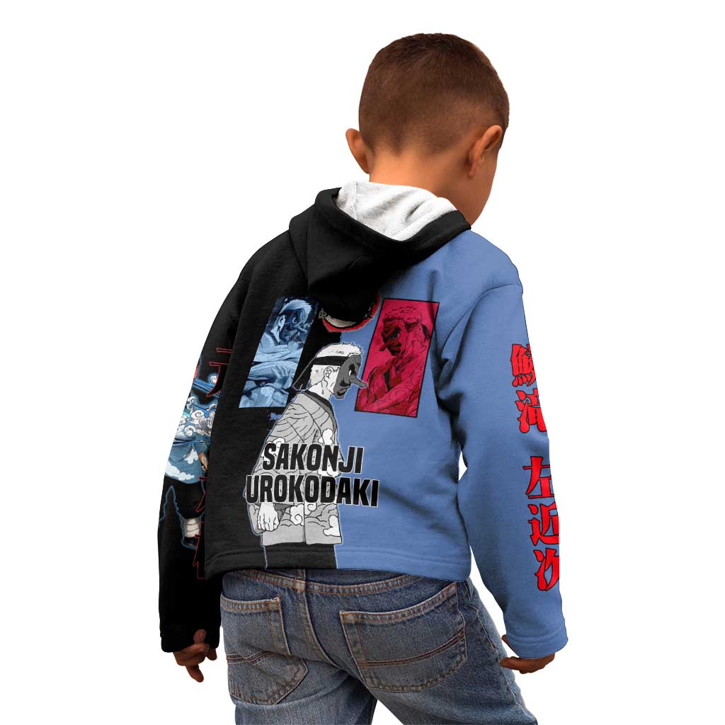 Sakonji Urokodaki from Demon Slayer Kid Hoodie with Blue and Black Split Background and Cloud Kimono Water Style Manga Design - The Mazicc