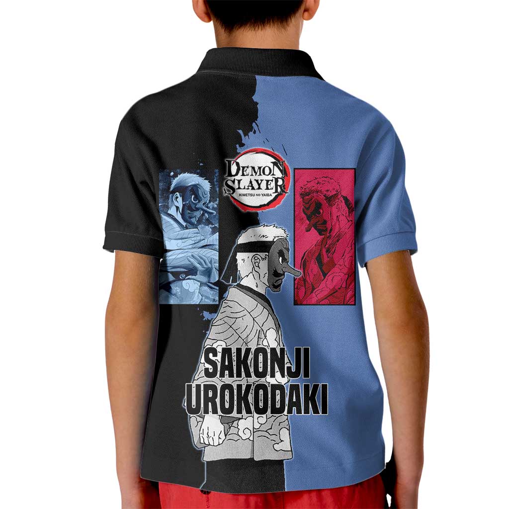 Sakonji Urokodaki from Demon Slayer Kid Polo Shirt with Blue and Black Split Background and Cloud Kimono Water Style Manga Design - The Mazicc