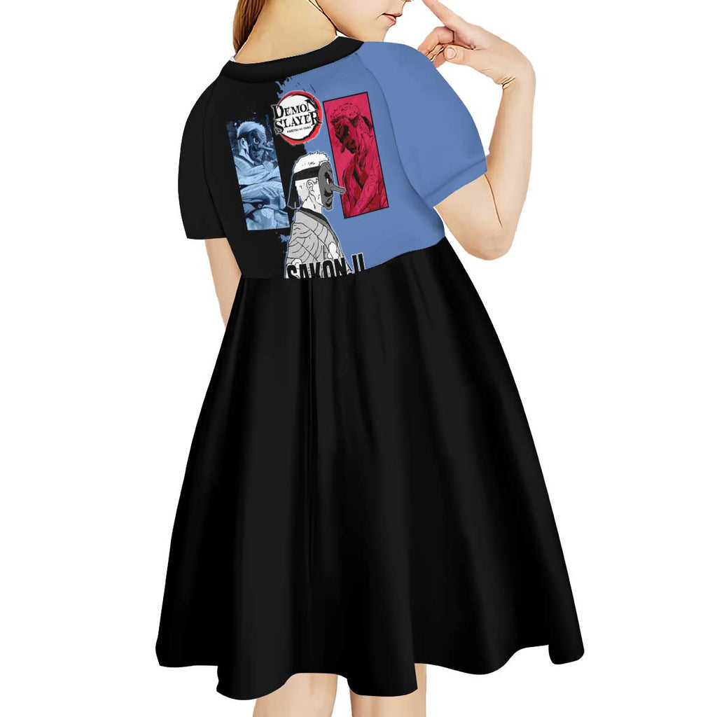 Sakonji Urokodaki from Demon Slayer Kid Short Sleeve Dress with Blue and Black Split Background and Cloud Kimono Water Style Manga Design - The Mazicc