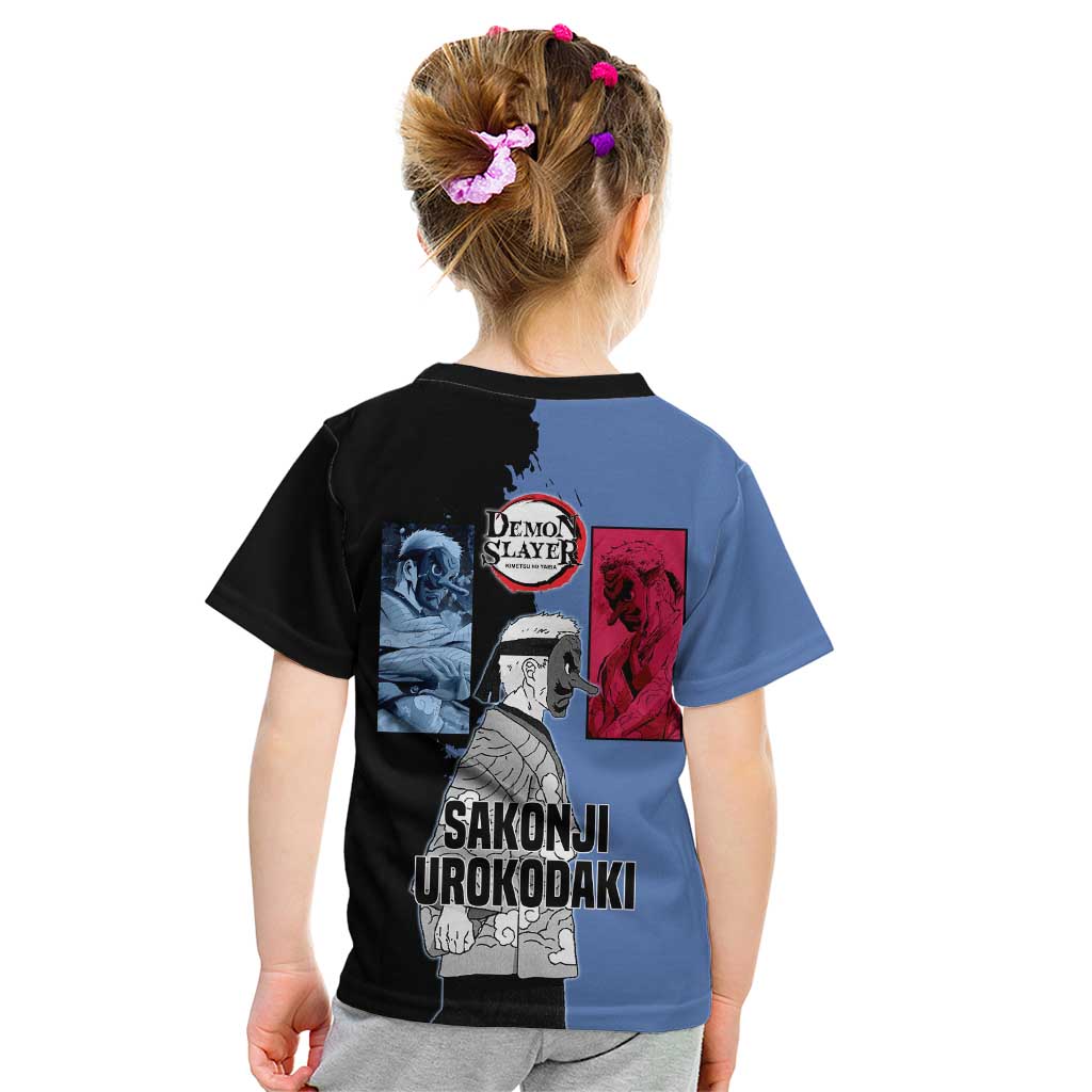 Sakonji Urokodaki from Demon Slayer Kid T Shirt with Blue and Black Split Background and Cloud Kimono Water Style Manga Design - The Mazicc