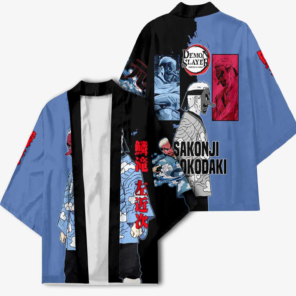 Sakonji Urokodaki from Demon Slayer Kimono with Blue and Black Split Background and Cloud Kimono Water Style Manga Design - The Mazicc