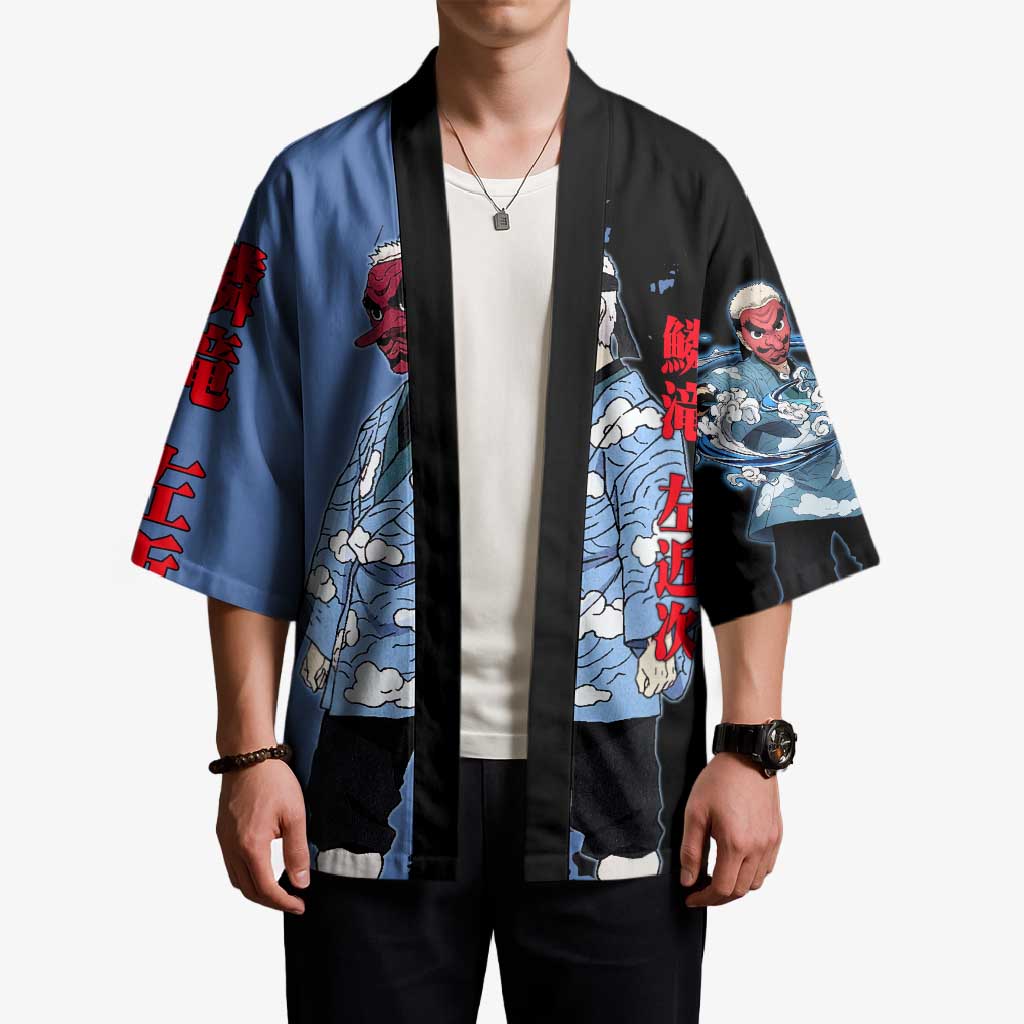 Sakonji Urokodaki from Demon Slayer Kimono with Blue and Black Split Background and Cloud Kimono Water Style Manga Design - The Mazicc
