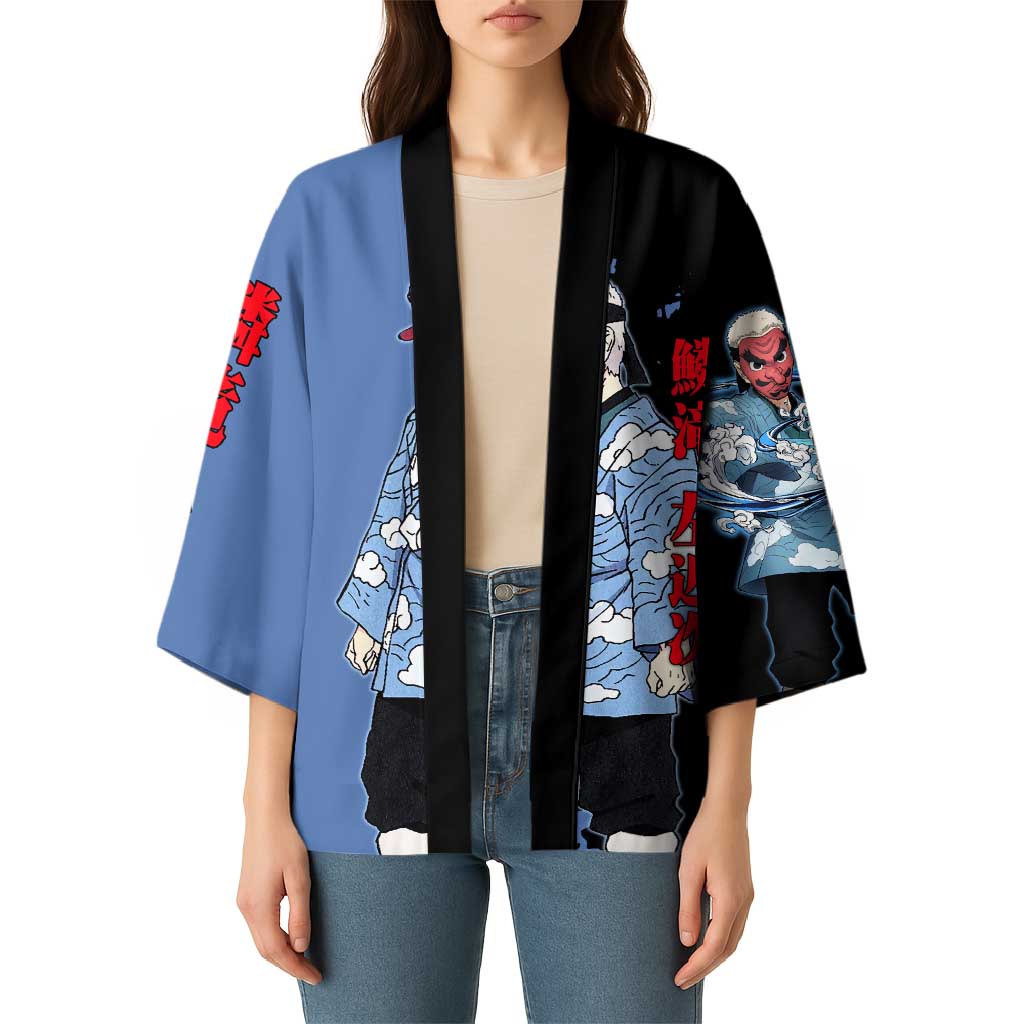 Sakonji Urokodaki from Demon Slayer Kimono with Blue and Black Split Background and Cloud Kimono Water Style Manga Design - The Mazicc