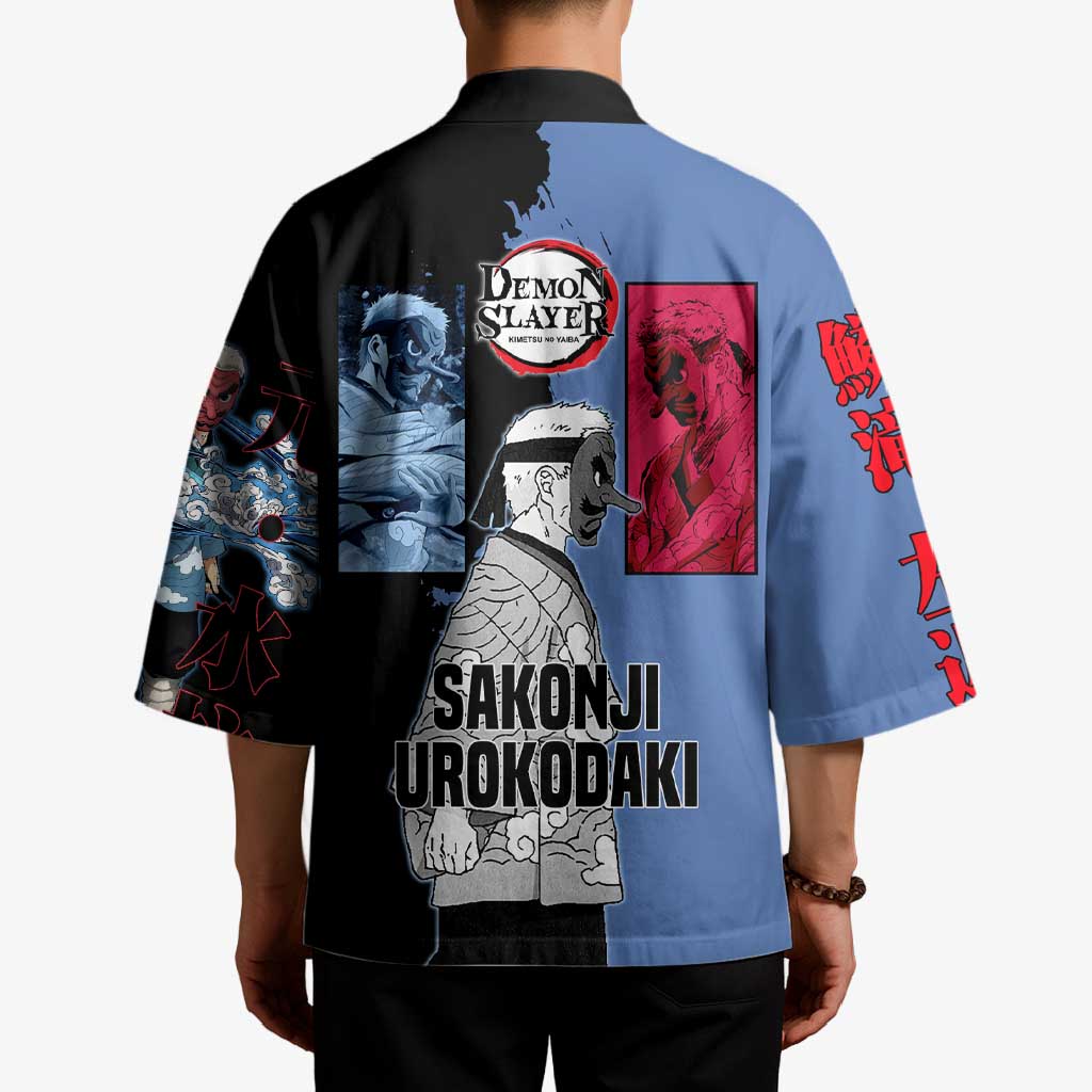 Sakonji Urokodaki from Demon Slayer Kimono with Blue and Black Split Background and Cloud Kimono Water Style Manga Design - The Mazicc