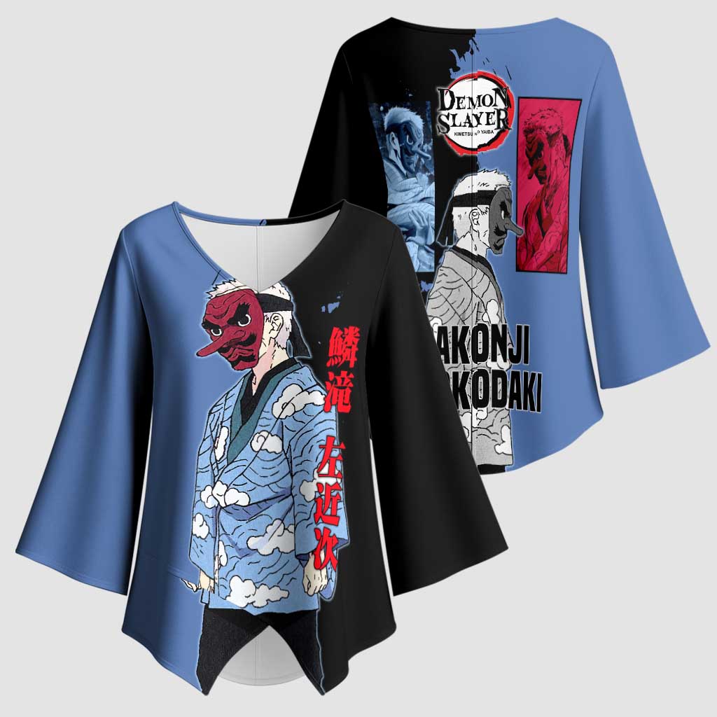 Sakonji Urokodaki from Demon Slayer Kimono Sleeve Blouse with Blue and Black Split Background and Cloud Kimono Water Style Manga Design - The Mazicc