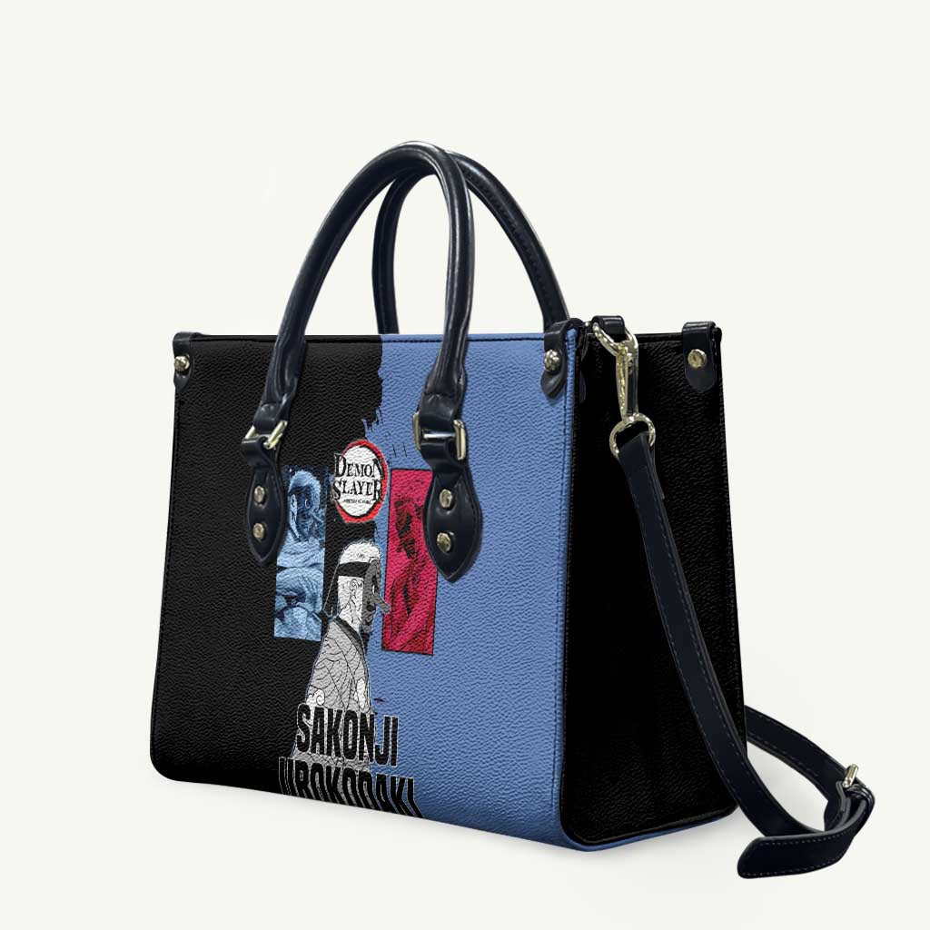 Sakonji Urokodaki from Demon Slayer Leather Bag with Blue and Black Split Background and Cloud Kimono Water Style Manga Design - The Mazicc