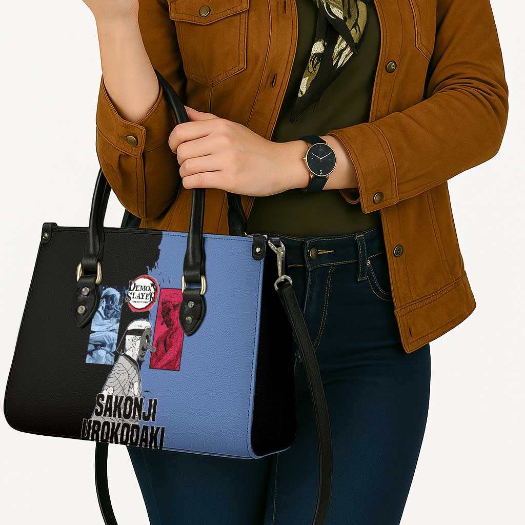 Sakonji Urokodaki from Demon Slayer Leather Bag with Blue and Black Split Background and Cloud Kimono Water Style Manga Design - The Mazicc