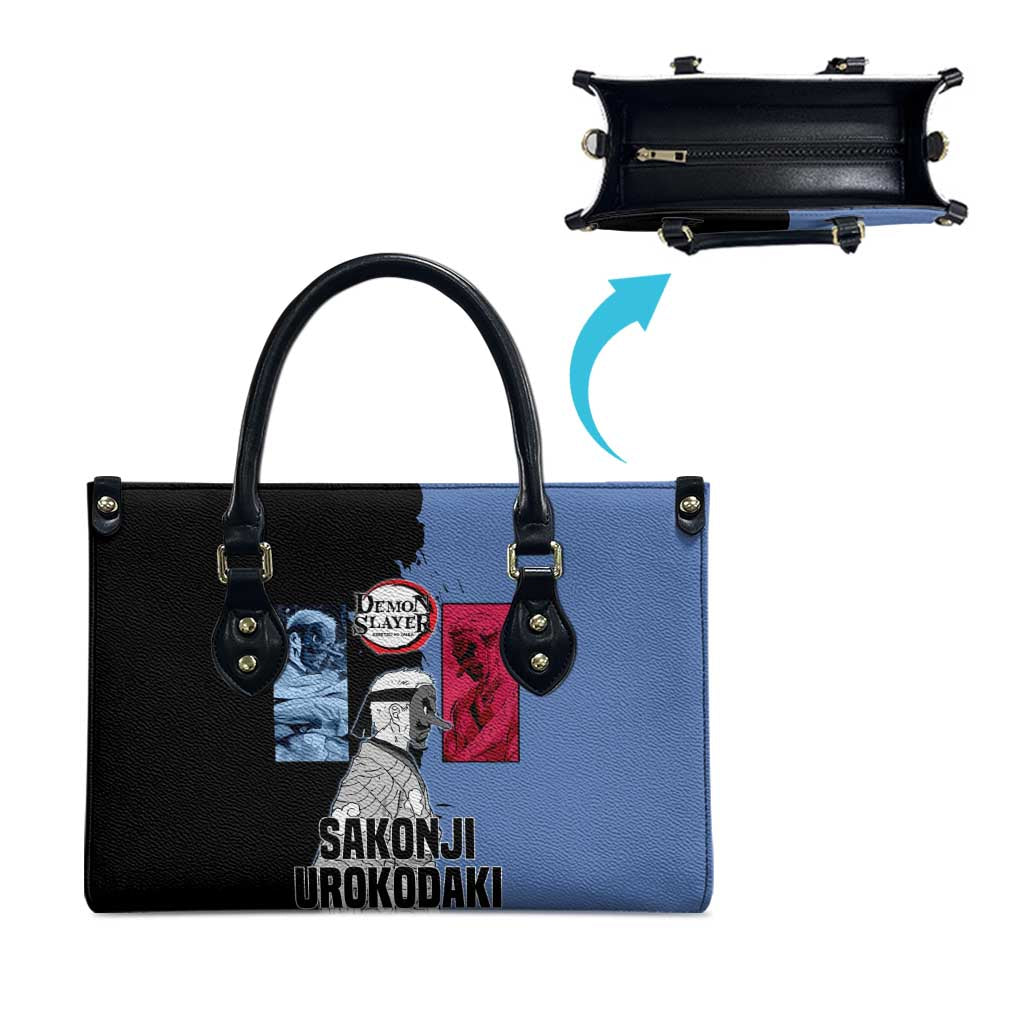 Sakonji Urokodaki from Demon Slayer Leather Bag with Blue and Black Split Background and Cloud Kimono Water Style Manga Design - The Mazicc
