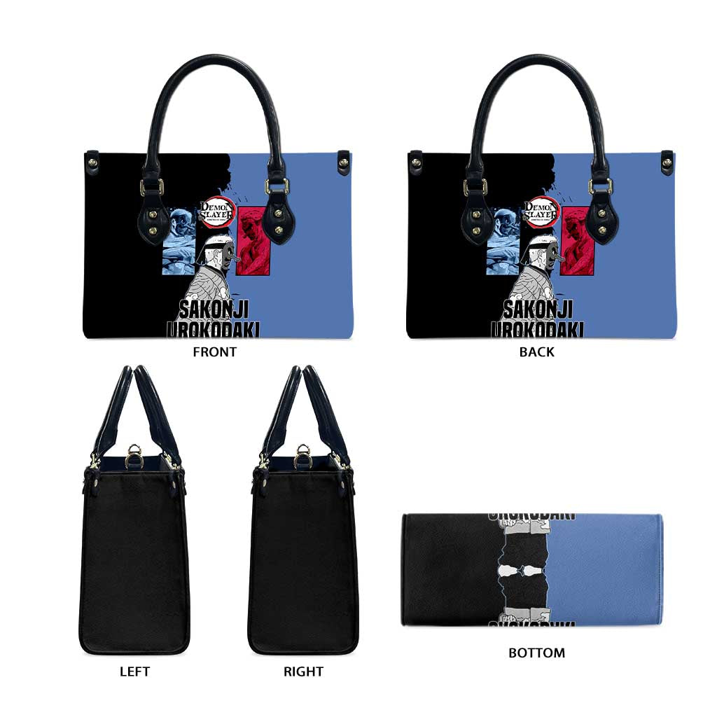 Sakonji Urokodaki from Demon Slayer Leather Bag with Blue and Black Split Background and Cloud Kimono Water Style Manga Design - The Mazicc