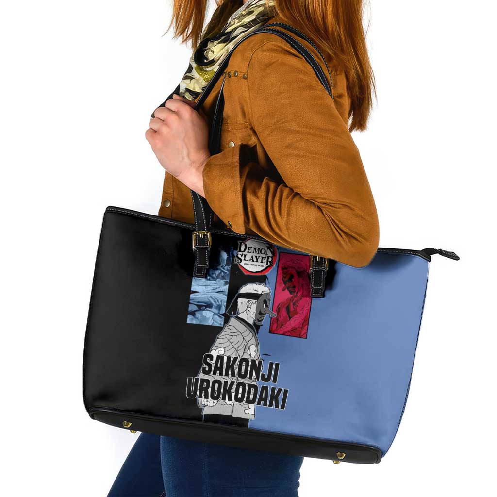 Sakonji Urokodaki from Demon Slayer Leather Tote Bag with Blue and Black Split Background and Cloud Kimono Water Style Manga Design - The Mazicc