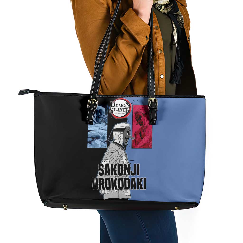 Sakonji Urokodaki from Demon Slayer Leather Tote Bag with Blue and Black Split Background and Cloud Kimono Water Style Manga Design - The Mazicc
