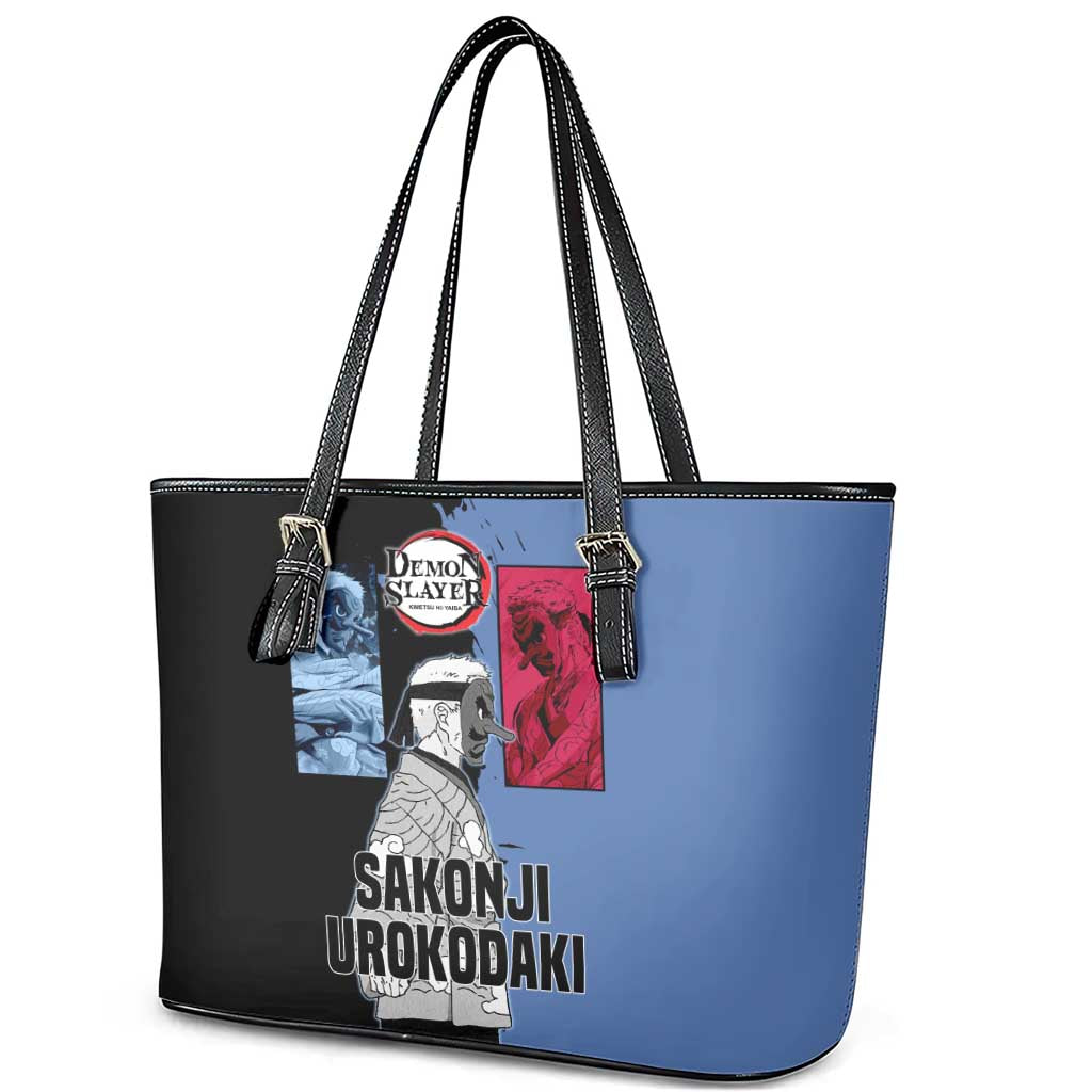 Sakonji Urokodaki from Demon Slayer Leather Tote Bag with Blue and Black Split Background and Cloud Kimono Water Style Manga Design - The Mazicc