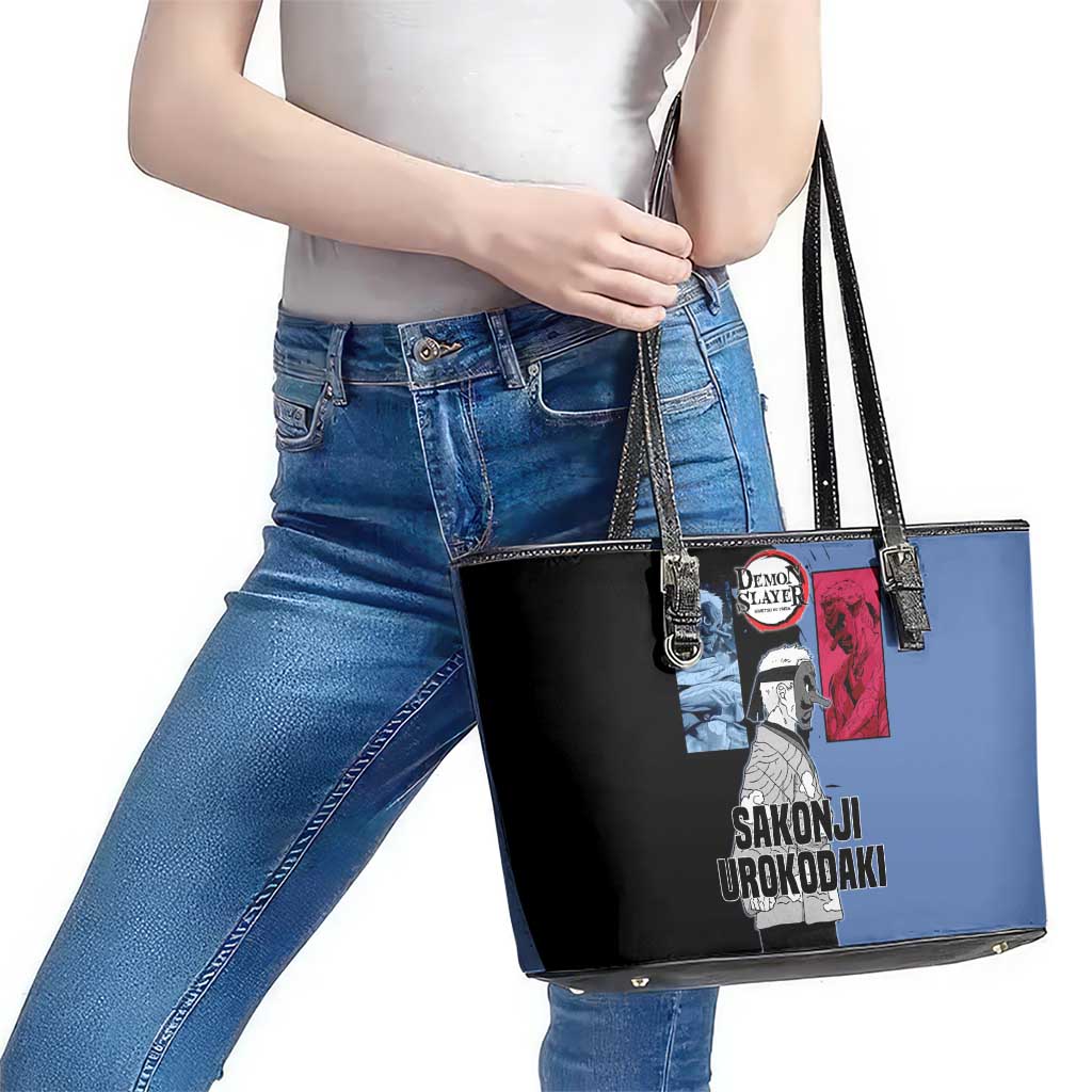 Sakonji Urokodaki from Demon Slayer Leather Tote Bag with Blue and Black Split Background and Cloud Kimono Water Style Manga Design - The Mazicc