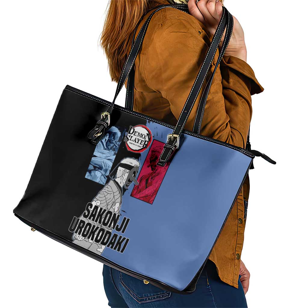 Sakonji Urokodaki from Demon Slayer Leather Tote Bag with Blue and Black Split Background and Cloud Kimono Water Style Manga Design - The Mazicc