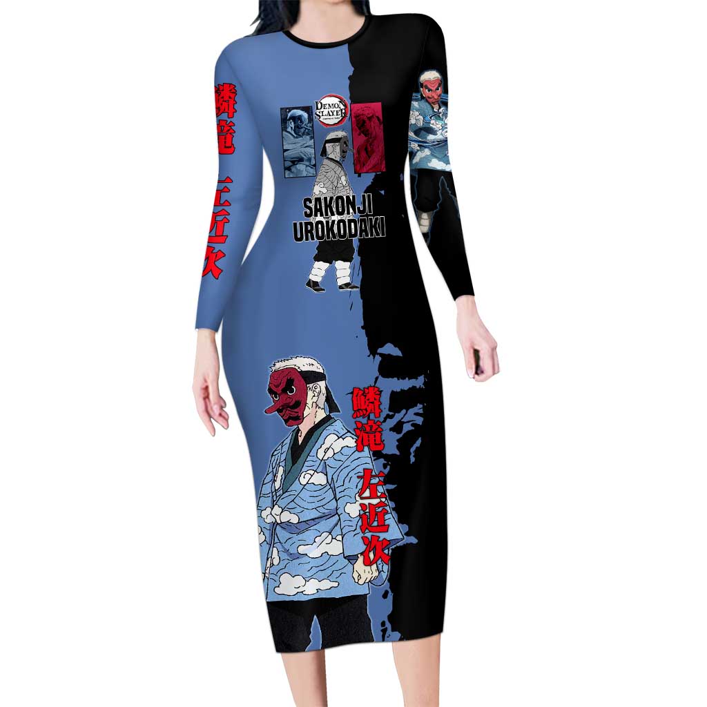 Sakonji Urokodaki from Demon Slayer Long Sleeve Bodycon Dress with Blue and Black Split Background and Cloud Kimono Water Style Manga Design - The Mazicc