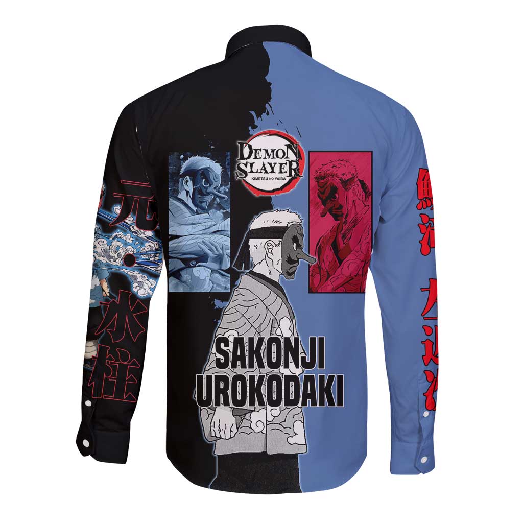 Sakonji Urokodaki from Demon Slayer Long Sleeve Button Shirt with Blue and Black Split Background and Cloud Kimono Water Style Manga Design - The Mazicc