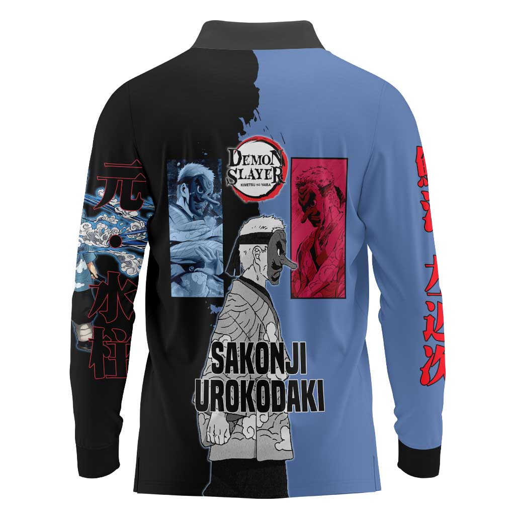 Sakonji Urokodaki from Demon Slayer Long Sleeve Polo Shirt with Blue and Black Split Background and Cloud Kimono Water Style Manga Design - The Mazicc