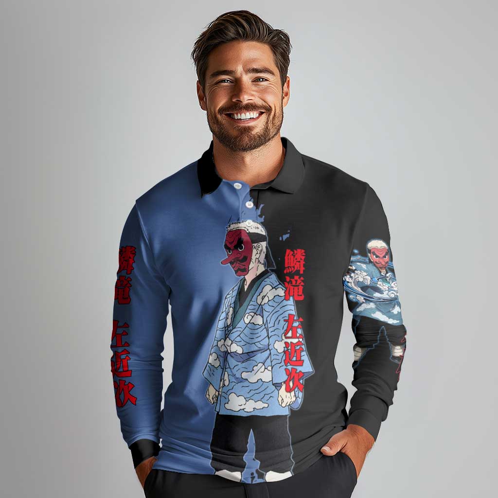 Sakonji Urokodaki from Demon Slayer Long Sleeve Polo Shirt with Blue and Black Split Background and Cloud Kimono Water Style Manga Design - The Mazicc