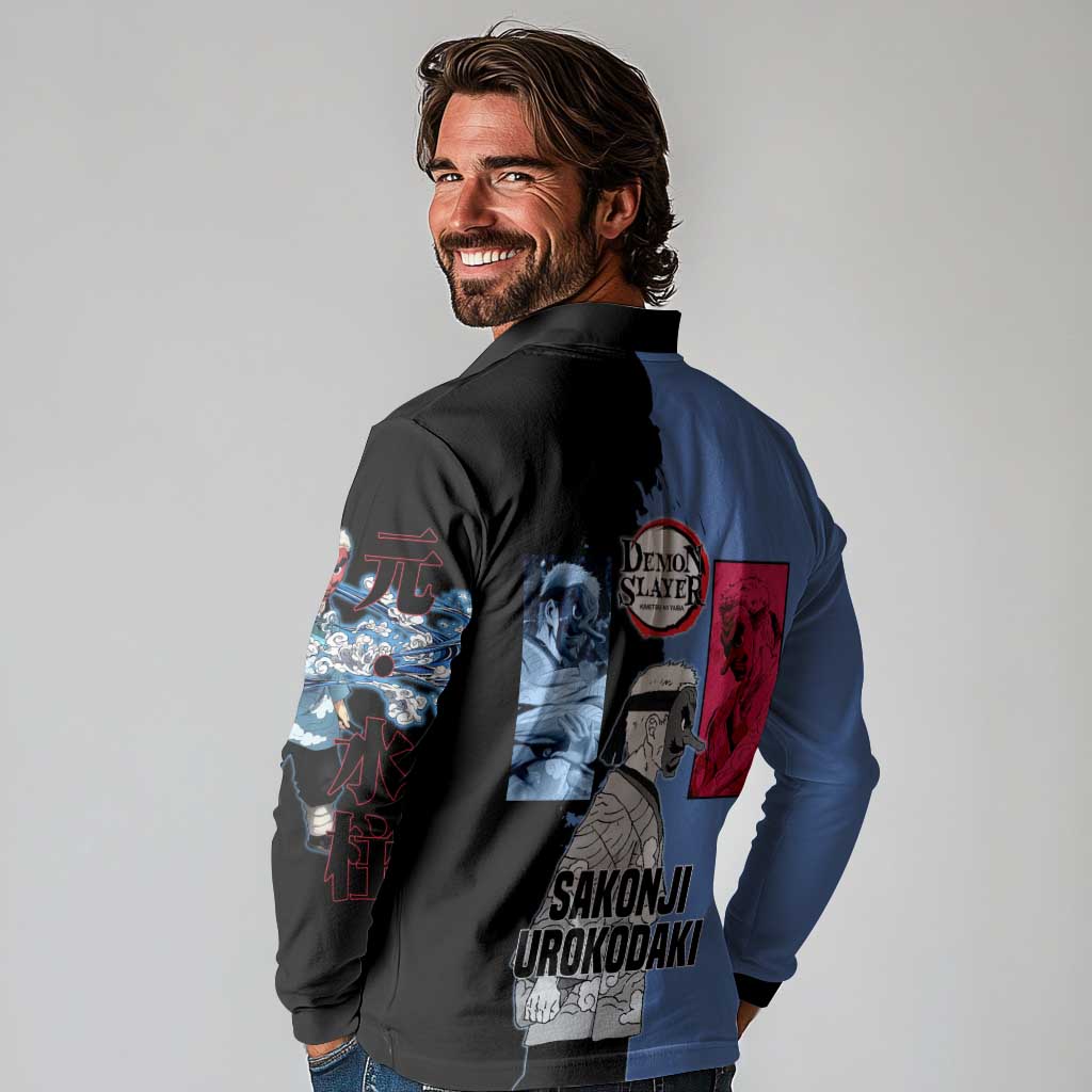 Sakonji Urokodaki from Demon Slayer Long Sleeve Polo Shirt with Blue and Black Split Background and Cloud Kimono Water Style Manga Design - The Mazicc