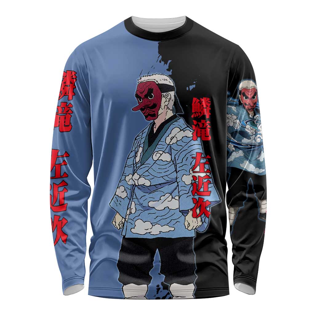 Sakonji Urokodaki from Demon Slayer Long Sleeve Shirt with Blue and Black Split Background and Cloud Kimono Water Style Manga Design - The Mazicc