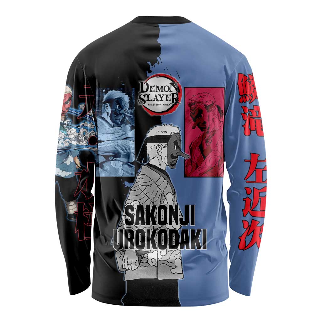 Sakonji Urokodaki from Demon Slayer Long Sleeve Shirt with Blue and Black Split Background and Cloud Kimono Water Style Manga Design - The Mazicc