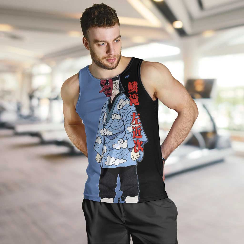 Sakonji Urokodaki from Demon Slayer Men Tank Top with Blue and Black Split Background and Cloud Kimono Water Style Manga Design - The Mazicc