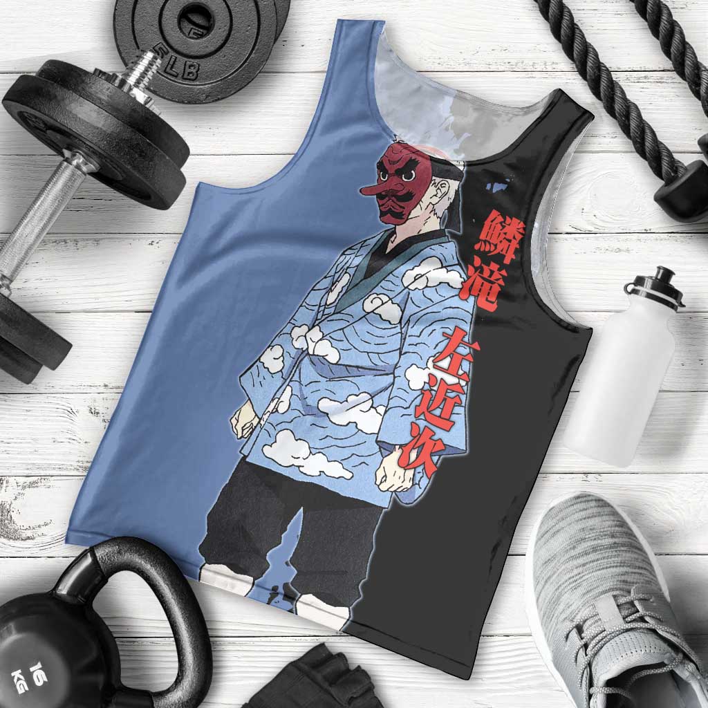 Sakonji Urokodaki from Demon Slayer Men Tank Top with Blue and Black Split Background and Cloud Kimono Water Style Manga Design - The Mazicc