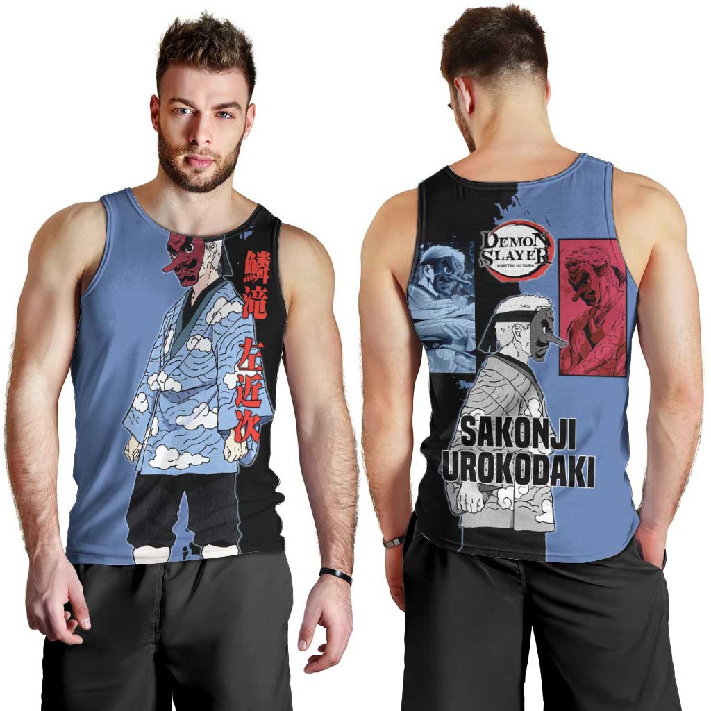 Sakonji Urokodaki from Demon Slayer Men Tank Top with Blue and Black Split Background and Cloud Kimono Water Style Manga Design - The Mazicc