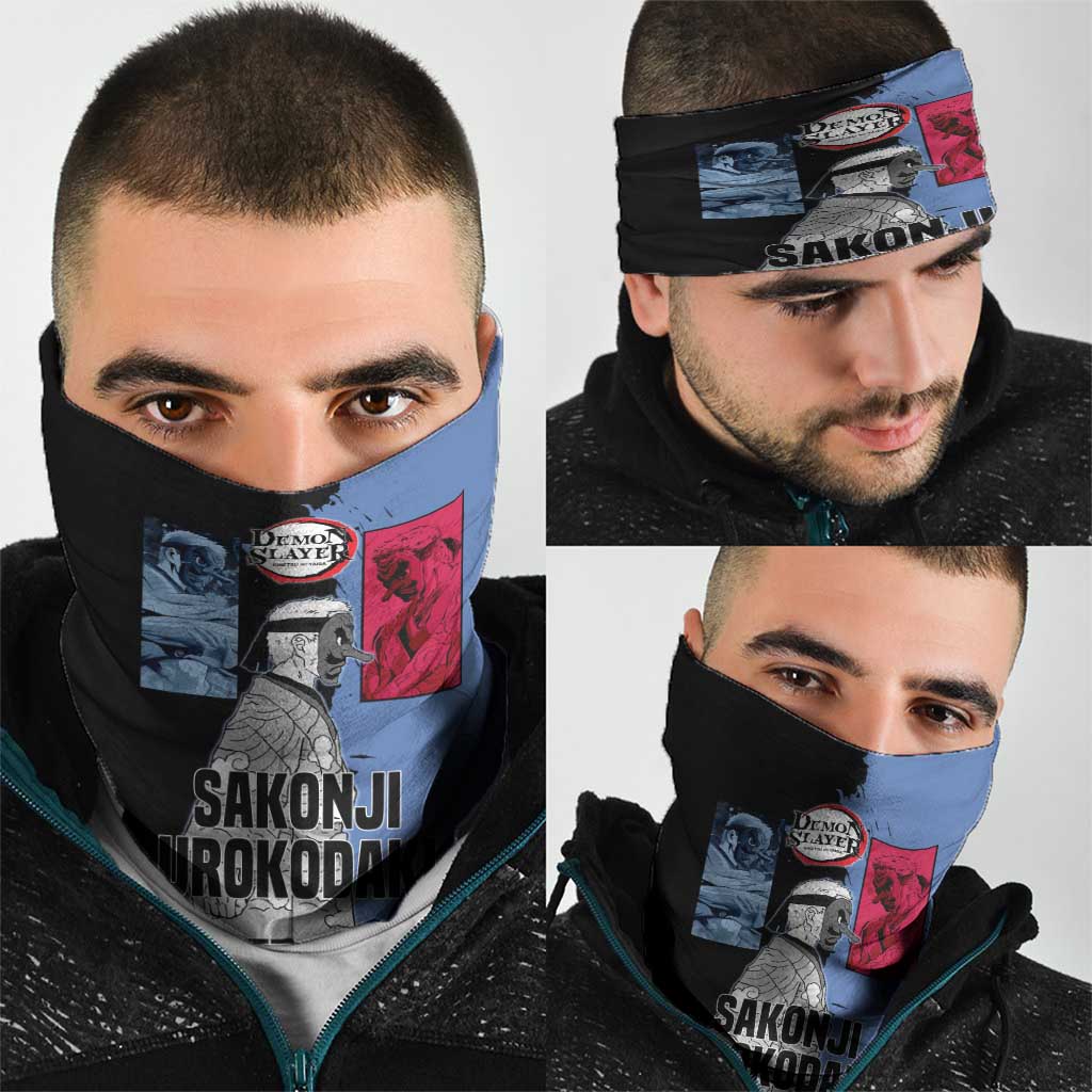 Sakonji Urokodaki from Demon Slayer Neck Gaiter with Blue and Black Split Background and Cloud Kimono Water Style Manga Design - The Mazicc