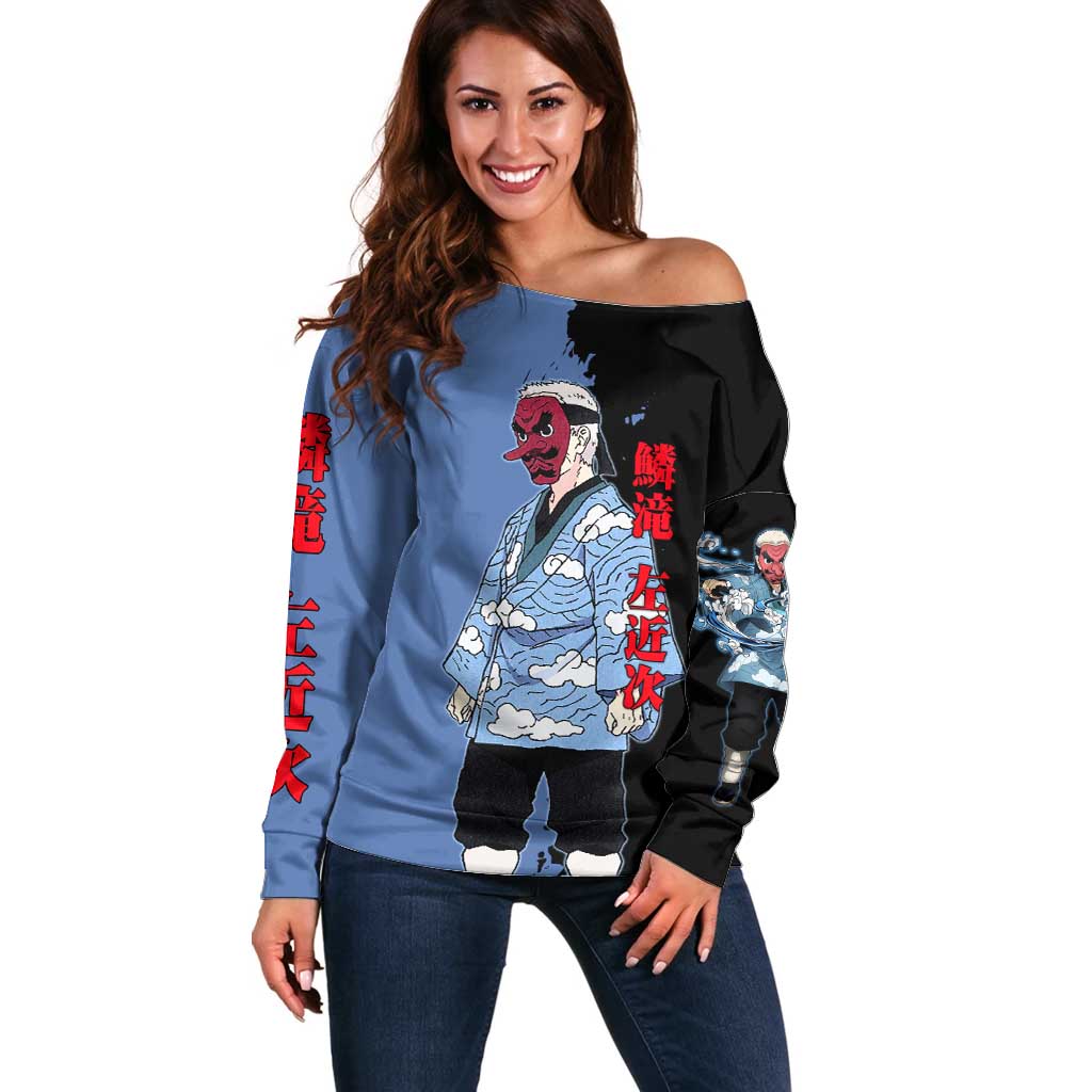 Sakonji Urokodaki from Demon Slayer Off Shoulder Sweater with Blue and Black Split Background and Cloud Kimono Water Style Manga Design - The Mazicc