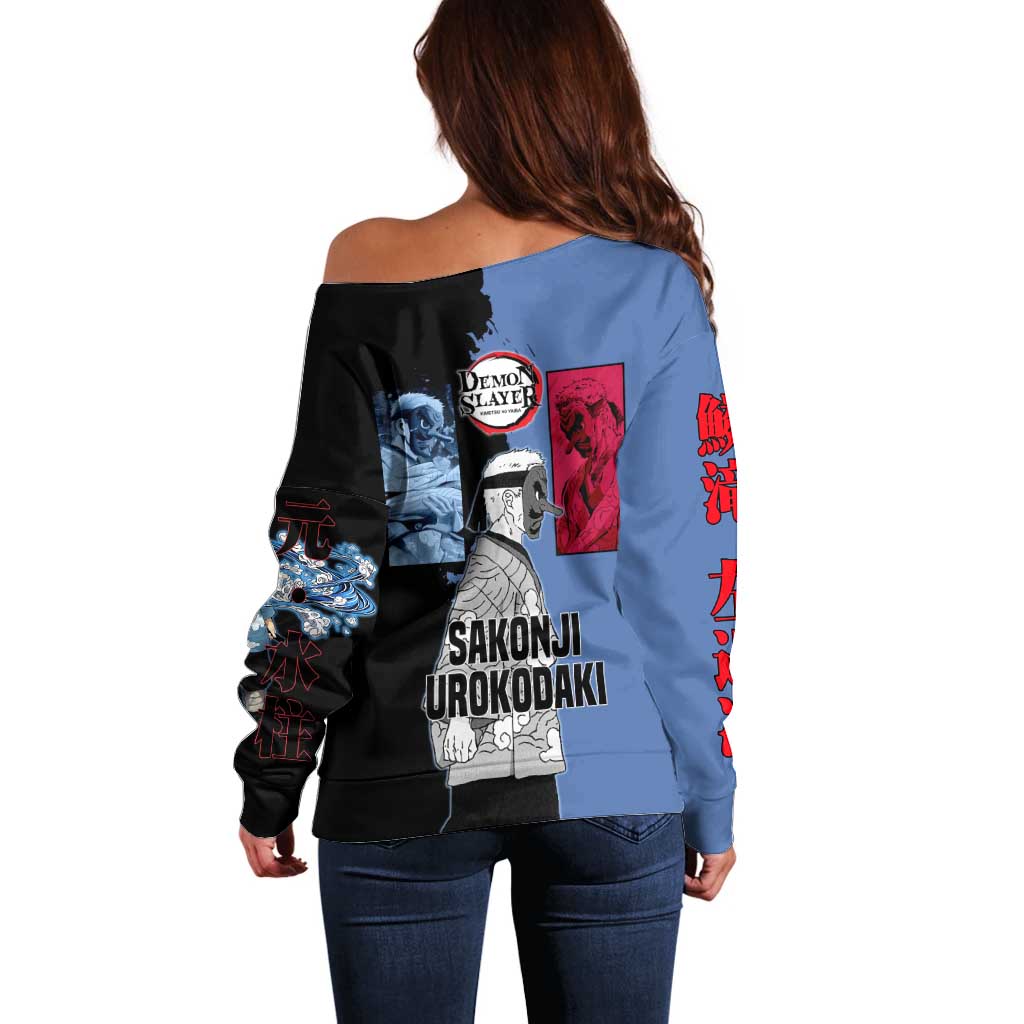 Sakonji Urokodaki from Demon Slayer Off Shoulder Sweater with Blue and Black Split Background and Cloud Kimono Water Style Manga Design - The Mazicc