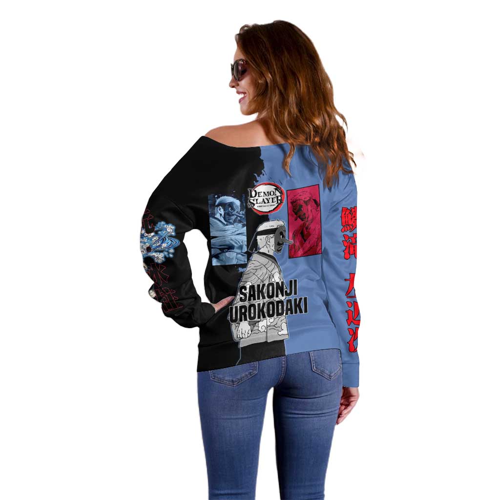 Sakonji Urokodaki from Demon Slayer Off Shoulder Sweater with Blue and Black Split Background and Cloud Kimono Water Style Manga Design - The Mazicc