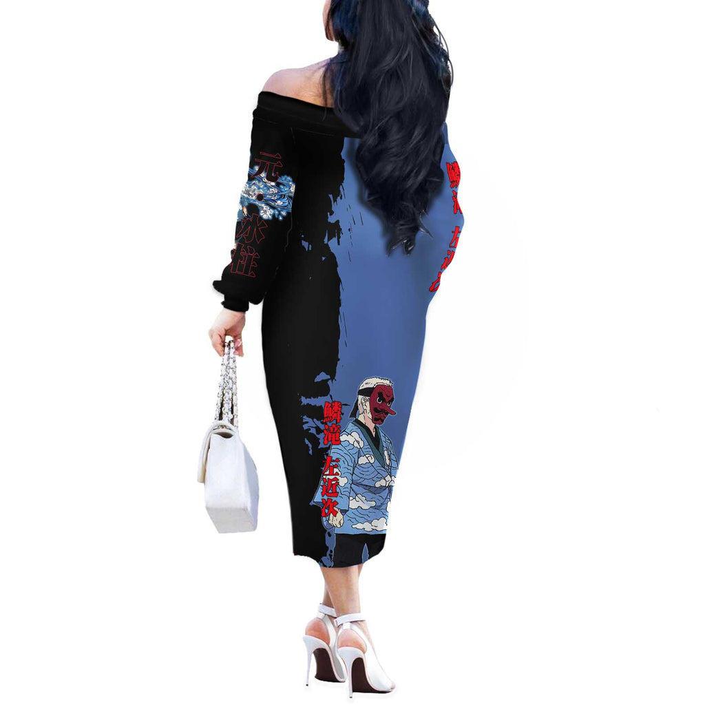 Sakonji Urokodaki from Demon Slayer Off The Shoulder Long Sleeve Dress with Blue and Black Split Background and Cloud Kimono Water Style Manga Design - The Mazicc