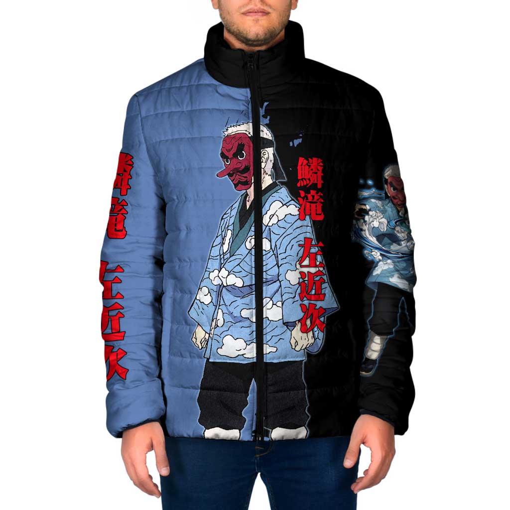 Sakonji Urokodaki from Demon Slayer Padded Jacket with Blue and Black Split Background and Cloud Kimono Water Style Manga Design - The Mazicc