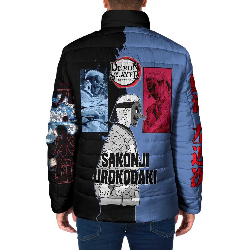 Sakonji Urokodaki from Demon Slayer Padded Jacket with Blue and Black Split Background and Cloud Kimono Water Style Manga Design - The Mazicc