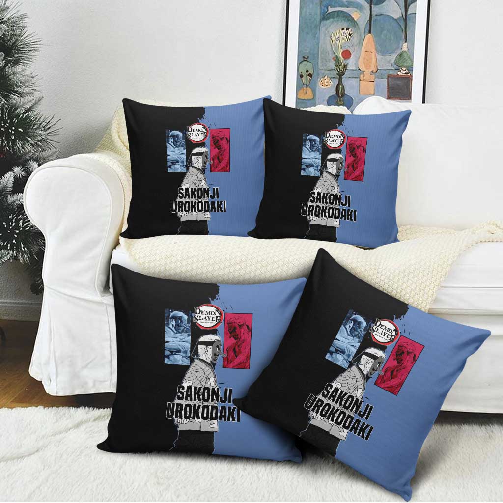 Sakonji Urokodaki from Demon Slayer Pillow Cover with Blue and Black Split Background and Cloud Kimono Water Style Manga Design - The Mazicc