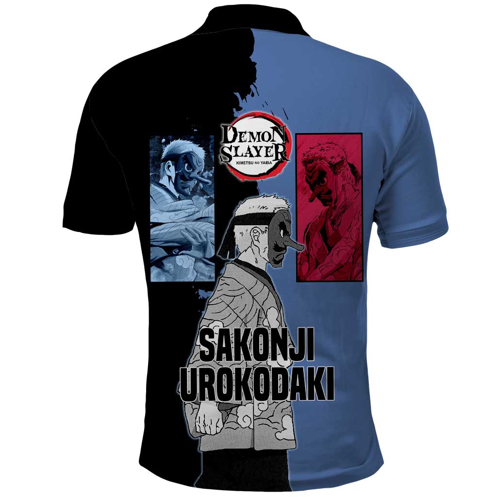 Sakonji Urokodaki from Demon Slayer Polo Shirt with Blue and Black Split Background and Cloud Kimono Water Style Manga Design - The Mazicc