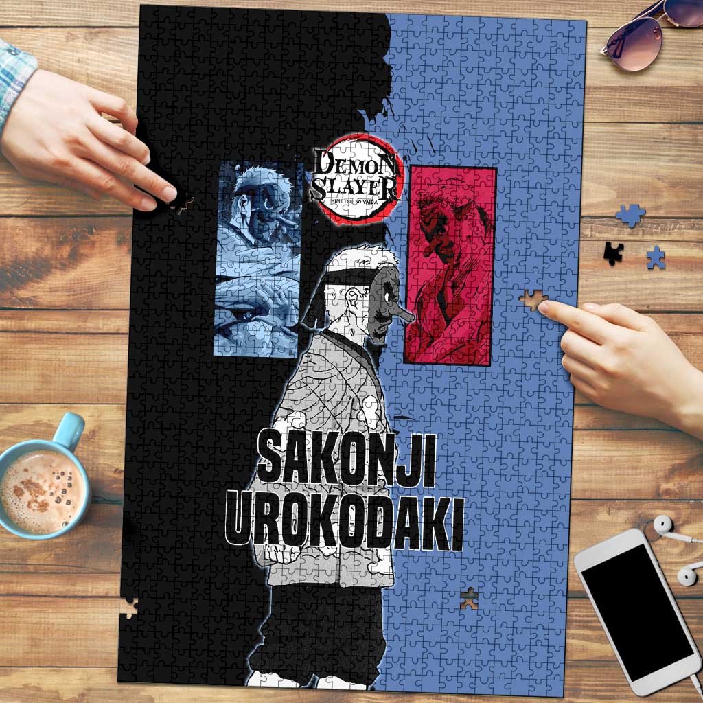Sakonji Urokodaki from Demon Slayer Puzzle with Blue and Black Split Background and Cloud Kimono Water Style Manga Design - The Mazicc