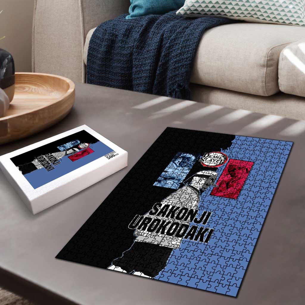 Sakonji Urokodaki from Demon Slayer Puzzle with Blue and Black Split Background and Cloud Kimono Water Style Manga Design - The Mazicc
