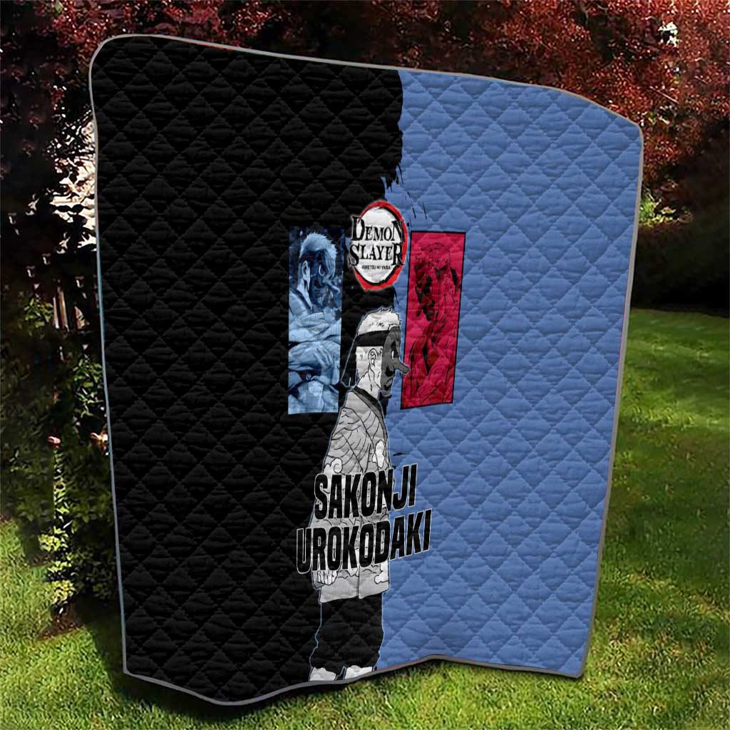 Sakonji Urokodaki from Demon Slayer Quilt with Blue and Black Split Background and Cloud Kimono Water Style Manga Design - The Mazicc