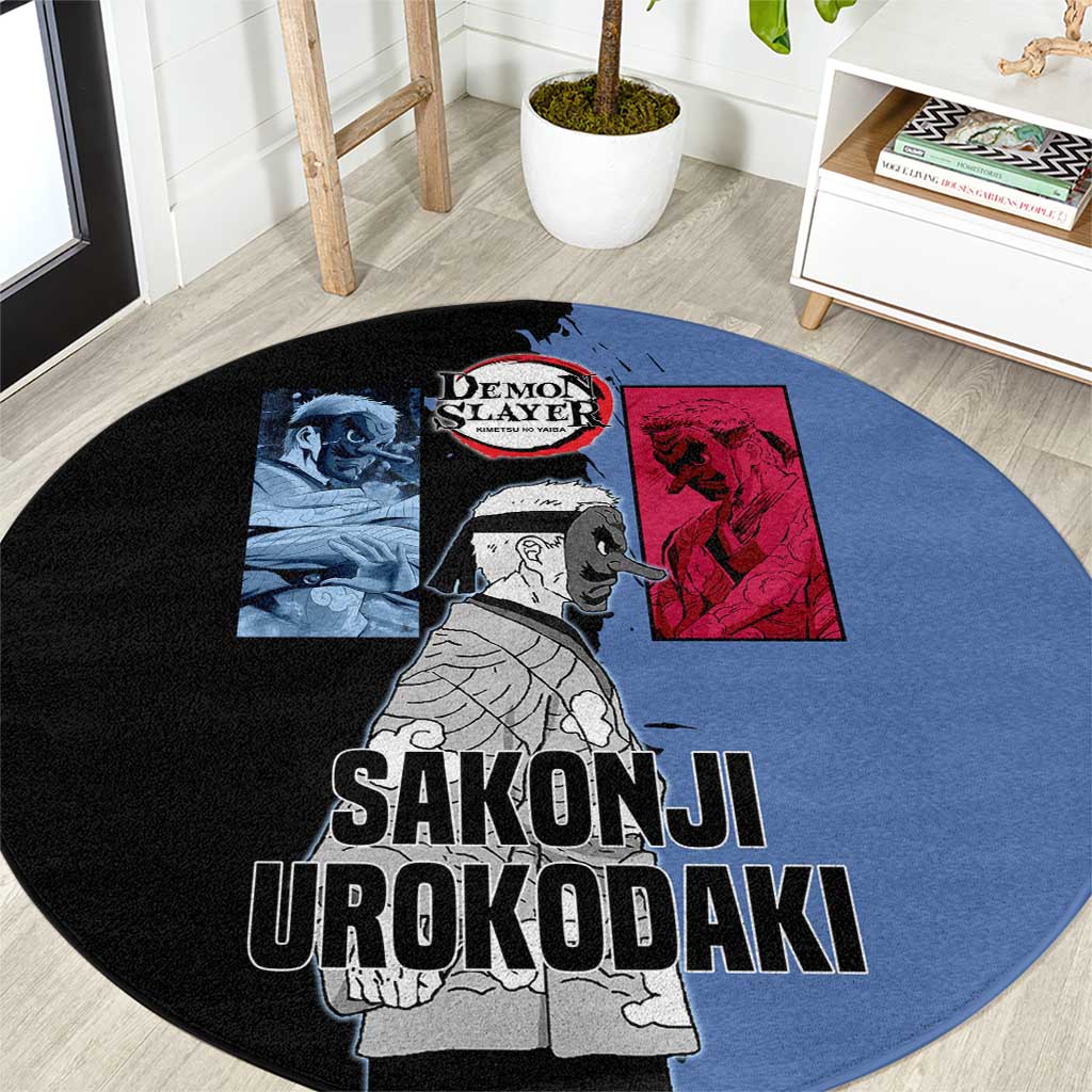 Sakonji Urokodaki from Demon Slayer Round Carpet with Blue and Black Split Background and Cloud Kimono Water Style Manga Design - The Mazicc